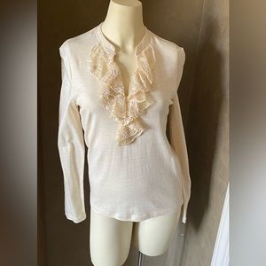 CHAPS Cotton Ivory long sleeve Women's Frill Blouse Top Size S petite